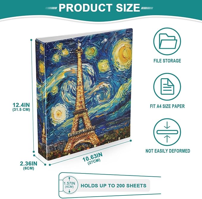 JIPONI 3 Ring Binder Paris Skyline by Van Gogh 1 Inch Round Binders for Men Women Students, Cute File Organizer for Office Home School