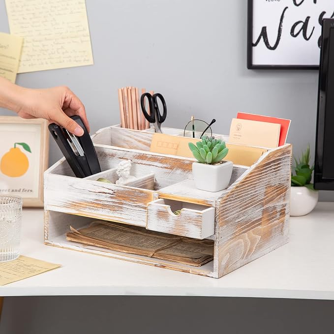 Wood Desk Drawer Organizers with File Organizer Pen holder Office Decor combo Organization Home Can Arrange calculators scissors pens note papers, etc. (washed white)