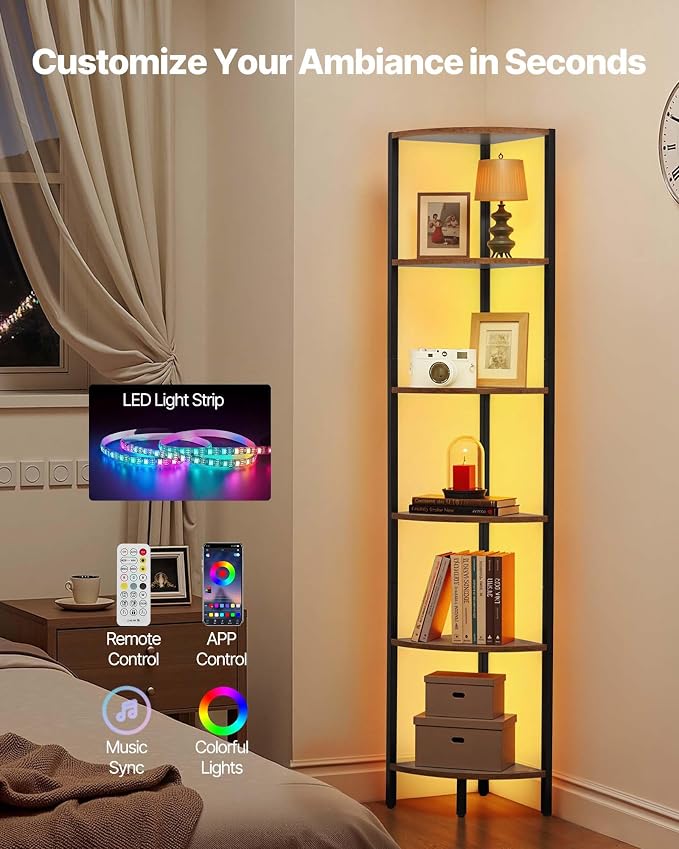 VEVOR 6 Tier Corner Shelf with LED Light, 68" Tall Corner Bookshelf with Storage Shelves for Collectibles, Display Shelf with Multi-Color Lights Controlled Via RC/APP for Bedroom, Living Room, Office