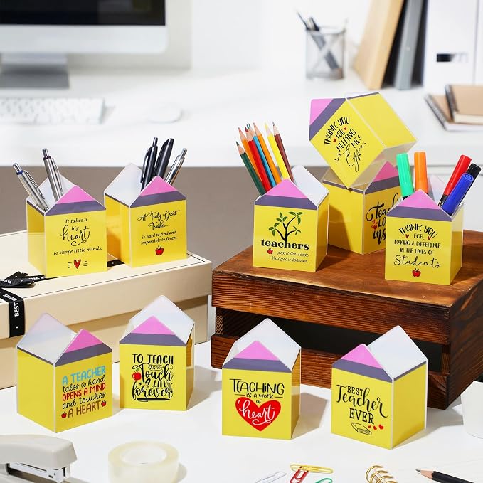 Sherr 10 Pcs Back to School Teacher Gifts Inspirational Pencil Cups Bulk | First Day of School Gifts for Teachers, Acrylic Pencil Shaped Pen Holders, Appreciation Gifts for Teachers Counselors School