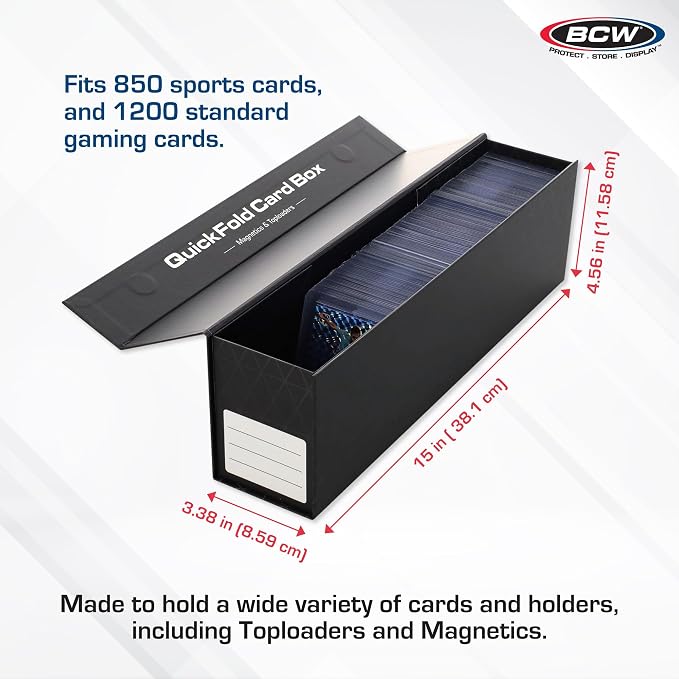 BCW QuickFold Card Boxes for Toploaders and Magnetics, Magnetic Lid, 3 Pack | Each box holds 225 toploaders or 50 magnetic holders, with quick assembly, a secure magnetic lid, and end labeling.