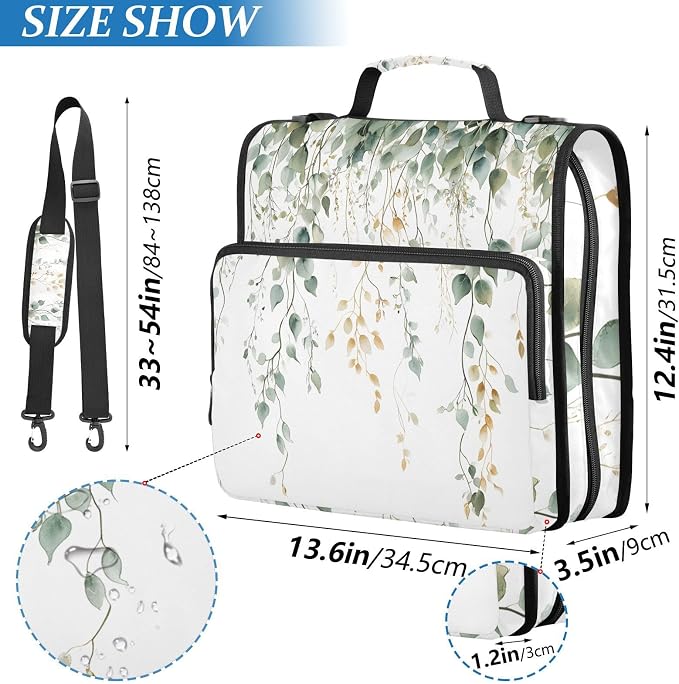 Green Sage Leaves 3 Ring Binder Bag 1.5 inch Binder Organizer with Zipper Shoulder Strap 500 Sheet Documents Storage for School Office