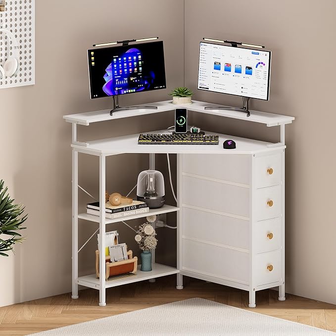 VENNQD Corner Desk with Drawers Shelves for Small Space 90 Degrees Triangle Computer Desk with Power Outlets,Gaming Desk with LED Lights Monitor Stand for Home Office Workstation Writing Table (White)