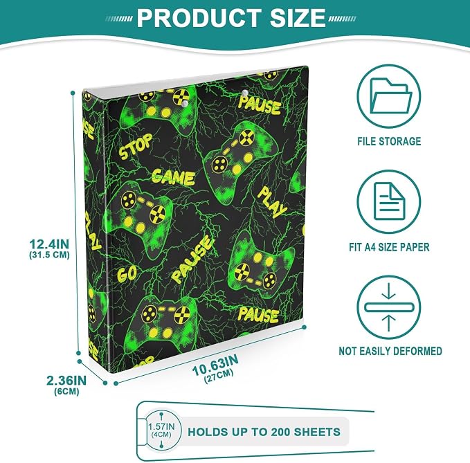 Bright Green Game Controller Gamer Binder 3 Ring 1.5 Inch Binder with Clipboard&Pockets, Hardcover Binders Heavy Duty Large File Folder for Office School Supplies - Holds 200 Sheets,2 PC