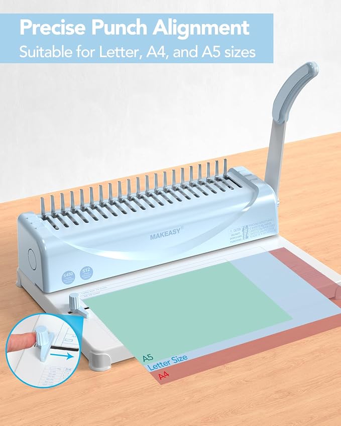 Binding Machine, 21-Hole, Comb Binding Machines with 1 Box Comb Bindings Spines, Comb Binder for Letter/A4/A5 Paper, 12 Sheet Punch Capacity