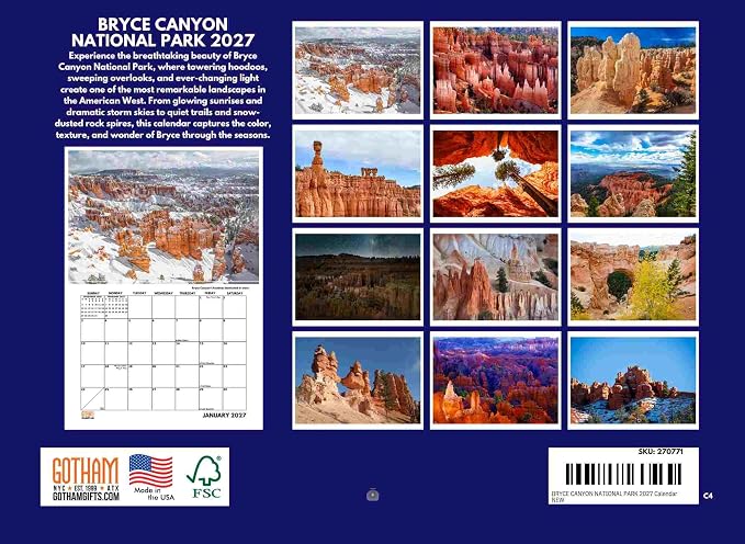 Bryce Canyon National Park Calendar 2027 Monthly Wall | American Made In The USA
