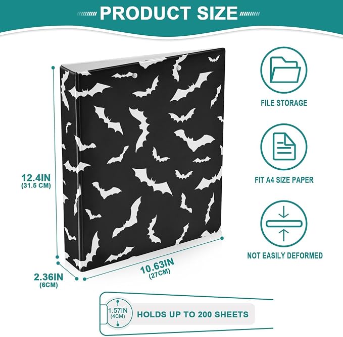 Halloween Bats Black Round Ring Binders 1.5 Inch 3 Ring Clipboard Binder for Office School Work Supplies File Folder Easy-Open 200 Sheet Capacity 2 Pieces