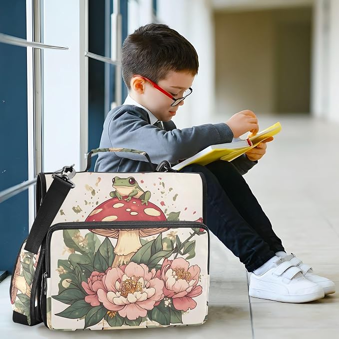 3 Ring Zipper Binder with Shoulder Strap Mushroom Frog Flower 1.5 inch Binders Keeper Large Capacity Multi Pockets for School Office Supplies