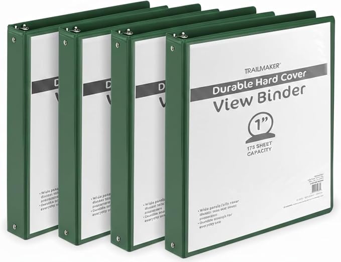 Trail Maker 1 inch Binders (50 Pack), 3 Ring Hardcover Binders in Bulk with Clear View Cover, Pockets for Classroom, Office, Portfolios | Bulk School, Teacher, Office Supplies (Green Only Pack)