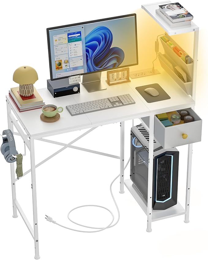 Jakyitvi 33.7" Computer Desk with Power Outlets, LED Lights & Drawer, Small Office Desk with Storage Bag & Hooks, Gaming Desk for Bedrooms or Home Office, Compact Study Desk for Small Spaces，White