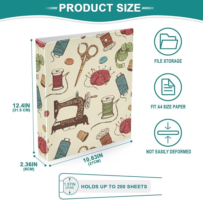 Needle Scissor and Thread Sewing Tool Binder 1.5 Inch Binder with Clipboard&Pockets, Hardcover Binders 3 Ring, Heavy Duty Large File Folder for Home Office School Supplies - Holds 200 Sheets, 2 PC