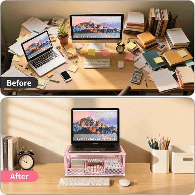 Small Pink Laptop Stand for Desk, Monitor Stand, Office Desk Accessories, Computer Desktop Stand with Drawer for Home, Office, School (Pink)