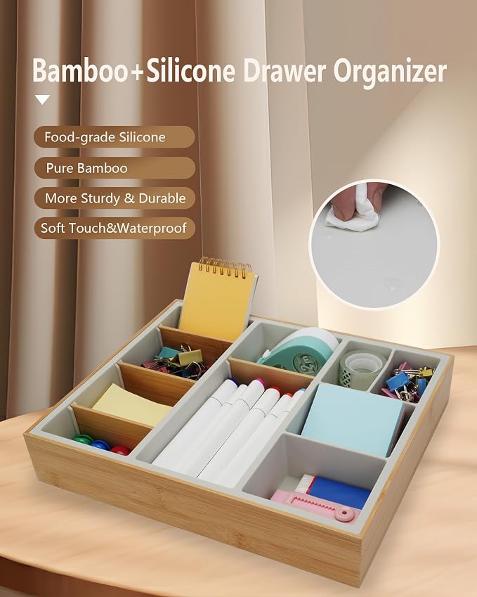 Office Drawer Organizer, Bamboo Desk Drawer Organizer with 4 Removable Dividers, Desk Organizers and Accessories with 10 Adjustable Compartments for Office Home (Gray)