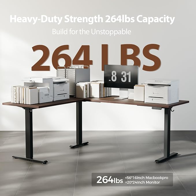 Agilestic 73 x 61 Inch L Shaped Electric Standing Desk, Dark Walnut | Tripple Motor, Corner Desk, Ample Workspace, Memory Presets, Hooks, Stable Steel Frame, 265 lbs, Splice Board