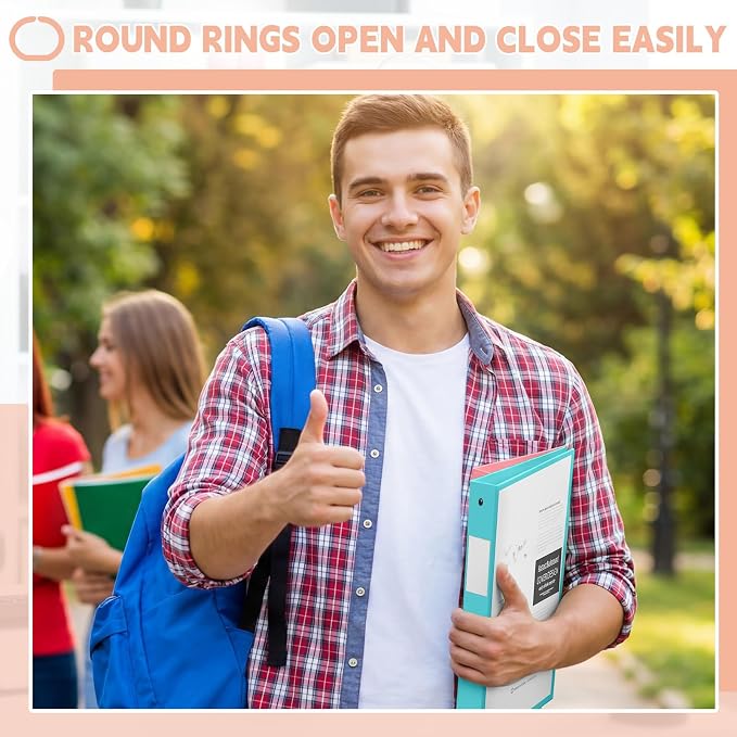 Henoyso 1 Inch 3 Ring Binders with Clear Front Cover and 2 Pockets, Round Ring Binders Fits 8.5'' x 11'' Letter Size Paper for School Office Supplies, 12 Pack (Assorted Vibrant Color)