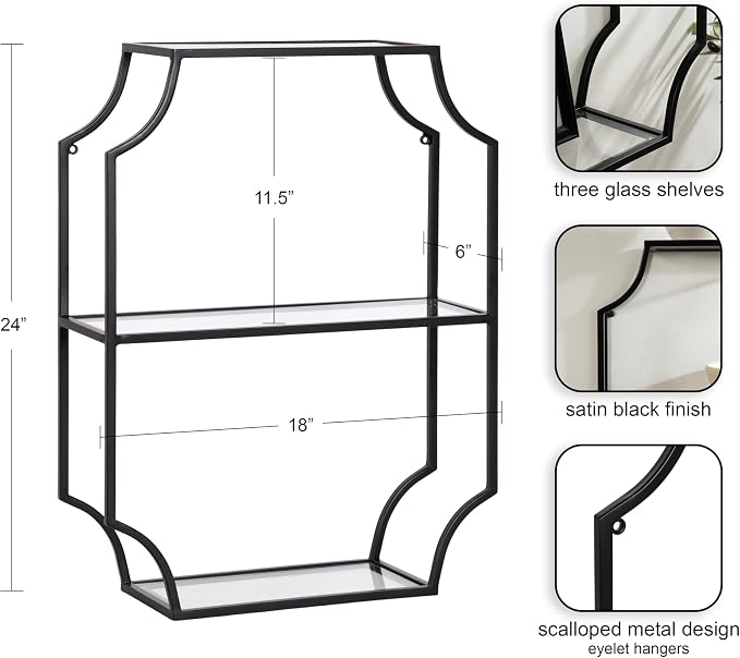 Kate and Laurel Ciel Glam Geometric Rectangular Wall Shelf; 18 x 24; Black; Decorative Shelves for Use as Over-the Toilet Storage or Bedroom Display Shelving