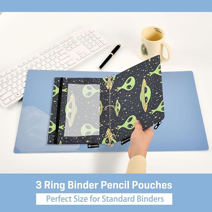 Green Aliens Space Pencil Pouch for 3 Ring Binder, 2 Pack Waterproof Pencil Bags Clear Window Pencil Case Zipper School Office Supplies