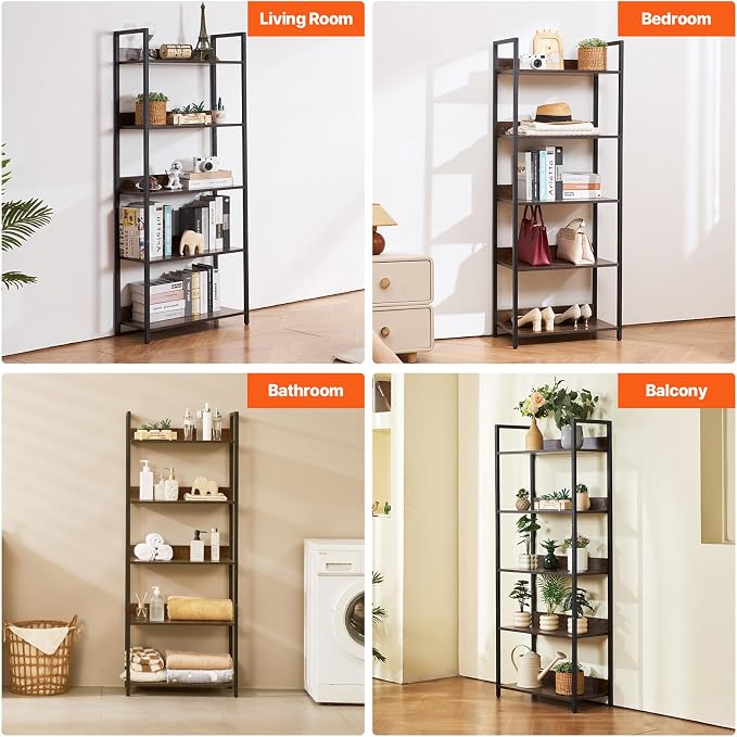 VEVOR Metal Bookshelf, 5-Tier Tall Industrial Bookshelf, Rustic Display Vintage Storage Bookcase with Open Shelves, Freestanding Display Shelving Unit Storage Rack, for Living Room, Bedroom & Office