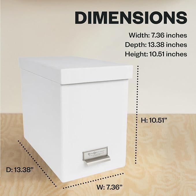 Bigso John Fiberboard Label Frame Desktop File Storage Box - Document Organizer for Important Paperwork - Durable Hanging File Box with Lid & Metal Label Window - 7.36 x 13.38 x 10.51 in - White - 2pk
