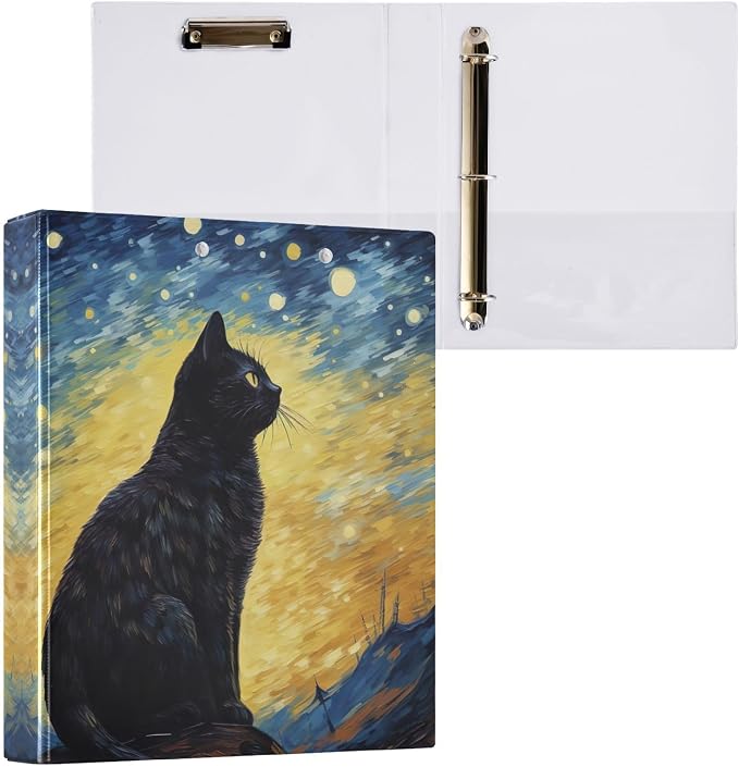 SPRIPORT Black Cat Starry Sky Blue 1.5 Inch 3 Ring Binder Holds 200 Sheets for Office Supplies Durable PVC Round Ring Binder with Interior Clear Pockets 3 Ring Notebook Binder for Man Woman Home Work