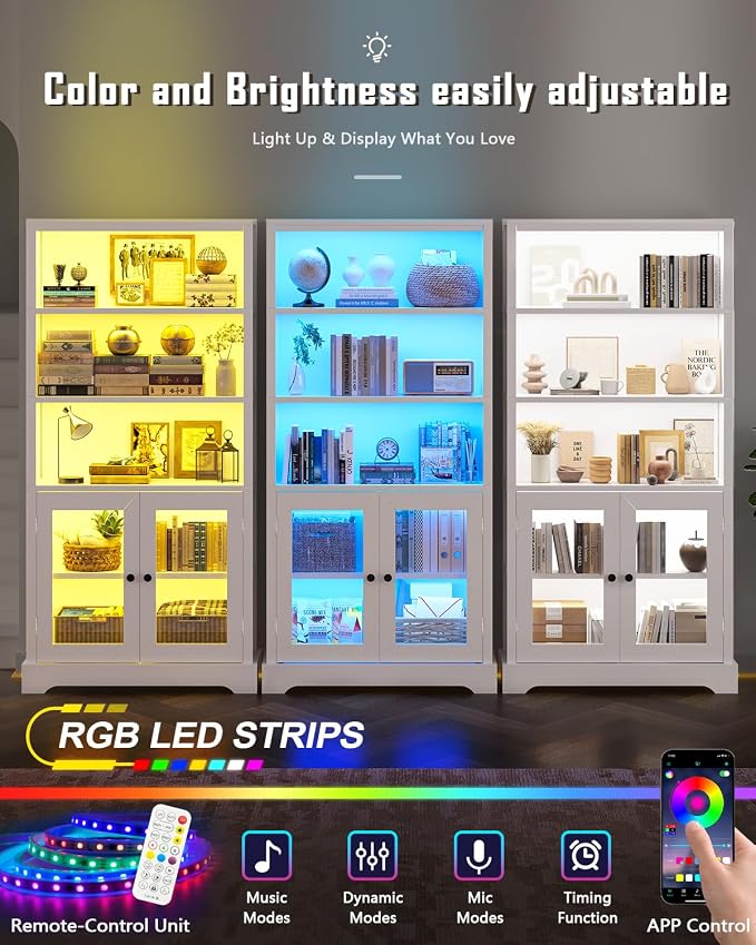 TVU 5-Tier Bookshelf, 65" Bookshelf with Multi-Color Ambient Lights (APP Remote Control), Tall Vertical Display Shelf with Cabinet Doors, Suitable for Living Room, Bedroom, Study, Office, White