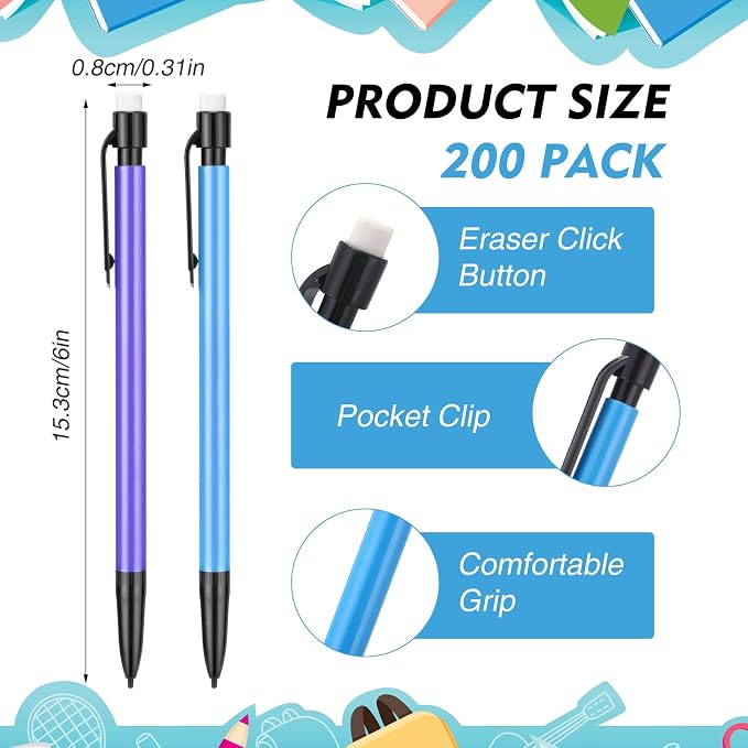 Fuyoooo 200 Pcs Mechanical Pencils 0.7mm Bulk with Eraser, 5 Color