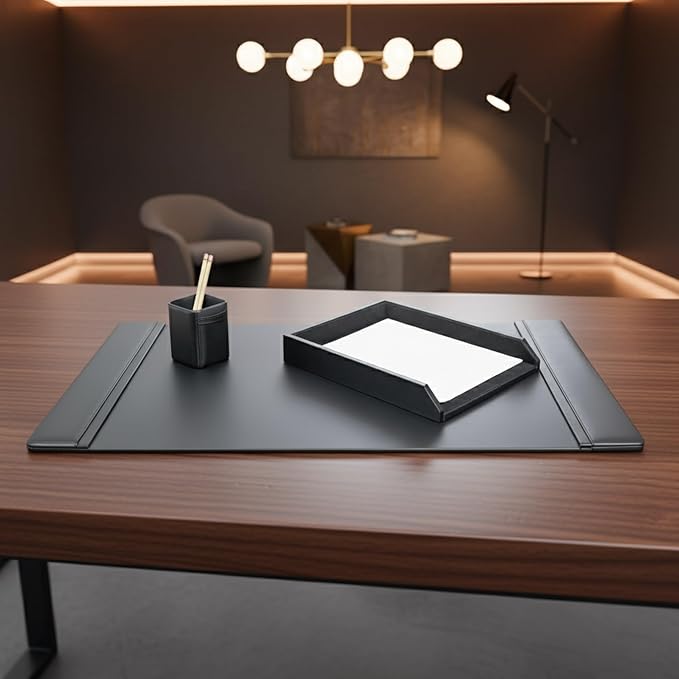 Genuine Top-Grain Black Leather 3-piece Desk Set