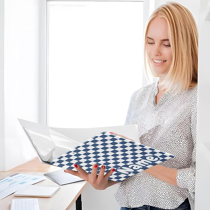 Custom 3 Ring Binder Blue White Checkered Plaid 1.5" Round Ring Binders Personalized Name View Binder with 200 Sheet for Kids School Supplies Women Men Office, 1 Pack