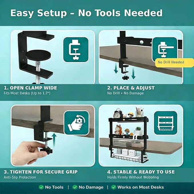 Clamp On Desk Shelves Organizer, Adjustable 2-Tier Desk Storage Rack with Large Trays, Phone Stand & Headphone Hook, No-Drill Setup for Office & Gaming Desks