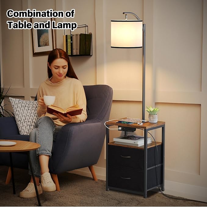SUNMORY Floor Standing Lamp with Table & 2 Drawers, USB & AC Charging Port | 3 Color Temperature LED Bulb, Modern Nightstand for Bedroom, Shelves End Side Table Lamp for Living Room Home Office