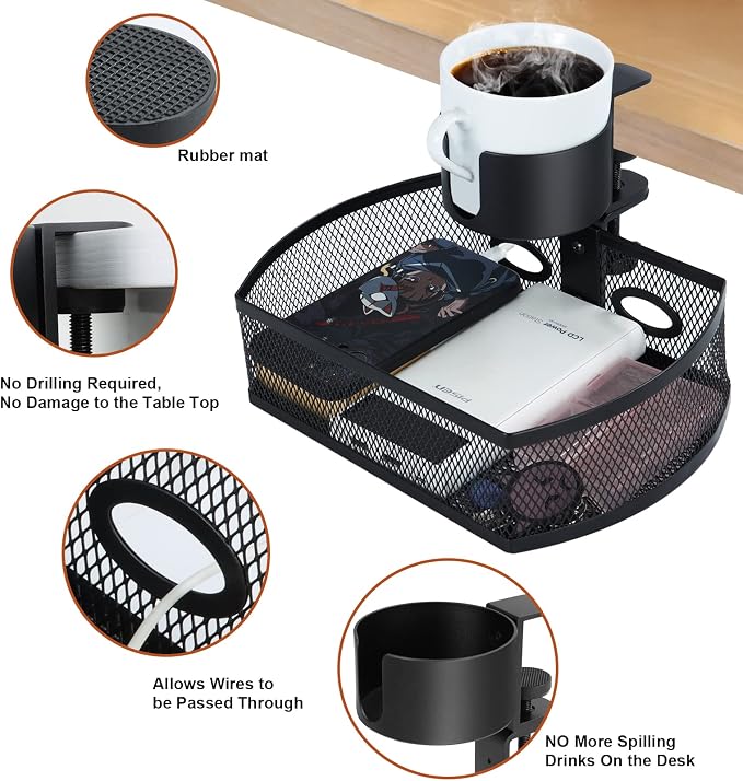 MASTLU Under Desk Organizer,Cup Holder,Table Management Tray, Swivel Pencil Drawer, Office No Drill Steel Organizers,360 Spin Hidden Storage Box with Sturdy C-Clamp,Easy Install (Black)