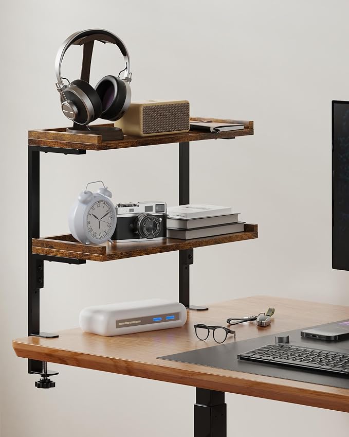 Clamp On Desk Shelf 2-Tier, 16.5 in Wood Shelving Unit for Office Desk/Gaming Accessories, Tabletop Book Storage Rack, Shelf for Top of Desk, Brown