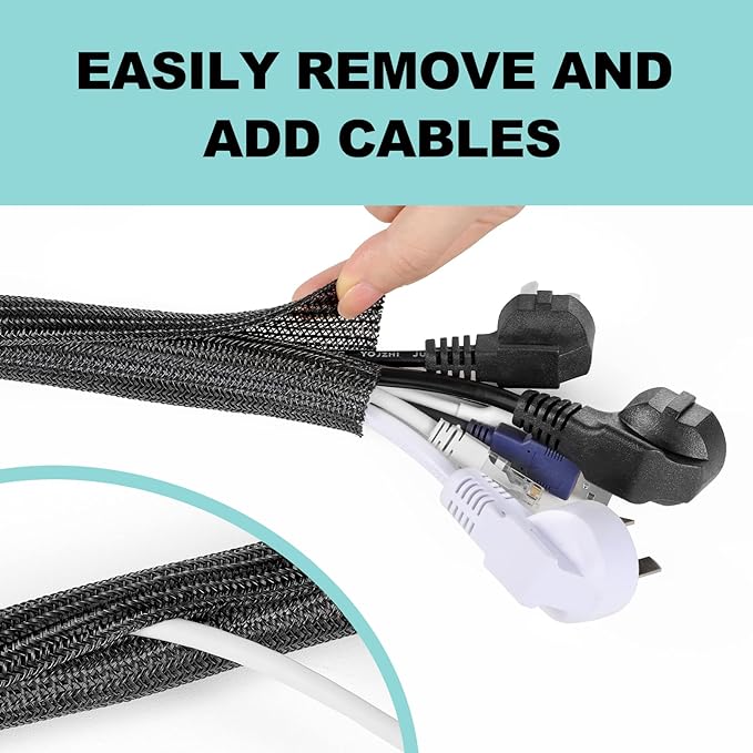 AGPTEK Cable Sleeve Cover, 10ft - 1 inch Desk Cord Organizer Cable Hider, Home Office Wire Management Computer TV Wire Loom Tubing, Pet Proof Cord Protector, from Cat Dog Chewing, Black