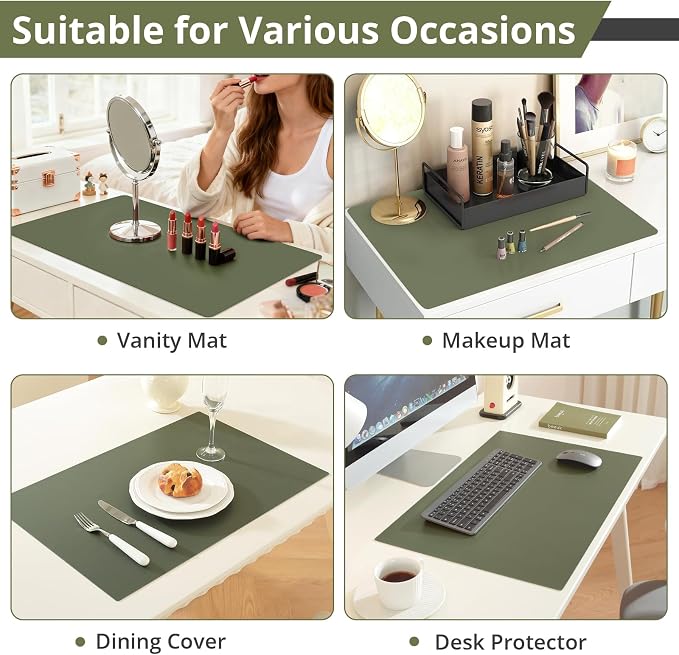 LovePads Makeup Mat for Vanity, 16" x 36" PVC Desk Mat & Dresser Cover Top | Waterproof Desk Protector, Vanity and Desk Accessories; Wipes Clean, Ideal for Writing, Nail Art, Craft Table, Green+Grey