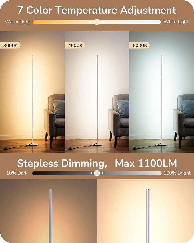 EDISHINE 57.5" Floor Lamp with Remote & Foot Switch, Dimmable & 7CCT | 2700-6000K, Minimalist Corner Floor Lamp for Living Room, Bedroom, Home Office, Sturdy Base, White