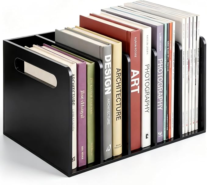 Didaey 1 Pack Acrylic Magazine File Holder, 5 Vertical Compartments Desk Sorter Organizer Magazines Documents Books Accessories Black Folder Rack Binder for Office Home(B5, 5 Sections, Black)