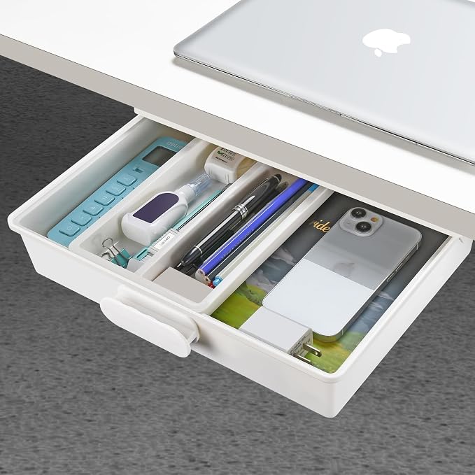 Under Desk Drawer Organizer, Self-Adhesive Storage, Office & Home Stationery (Large-White)