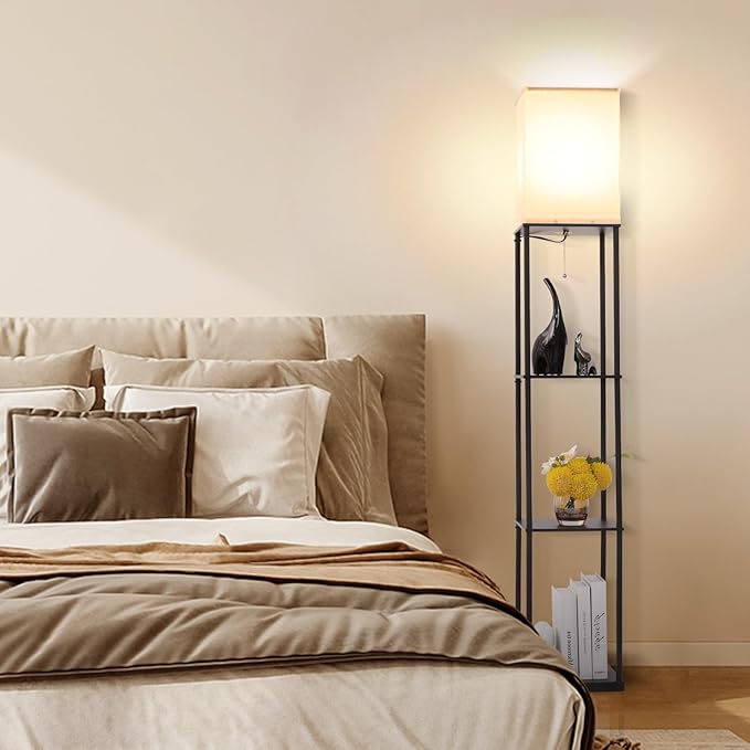 Gupuzm Floor Lamp with Shelves, Modern Square Standing Lamp with 3 Color Temperature Bulb, Corner Display Bookshelf Lamp for Living Room, Bedroom and Office (Black)
