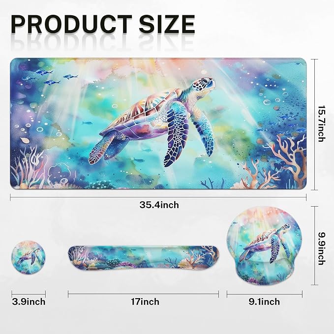Keyboard Mouse Pad Set, 4 in 1 Desk Mat Set, Sea Turtle Cute | Ocean Large Mousepad+Keyboard Wrist Rest+Mouse Wrist Rest+Coaster Ergonomic Design for Home Office Computer