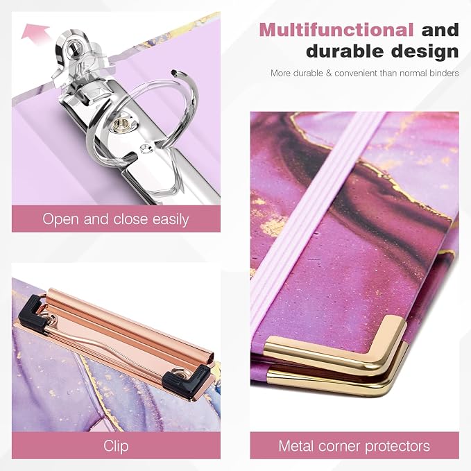 Ospelelf Mini 3 Ring Binder 1 Inch, Cute Pink Marble for 5.5" x 8.5" With 5 Tab Dividers, File Folder Labels and Low Profile Clipboards for School and Office Supplies
