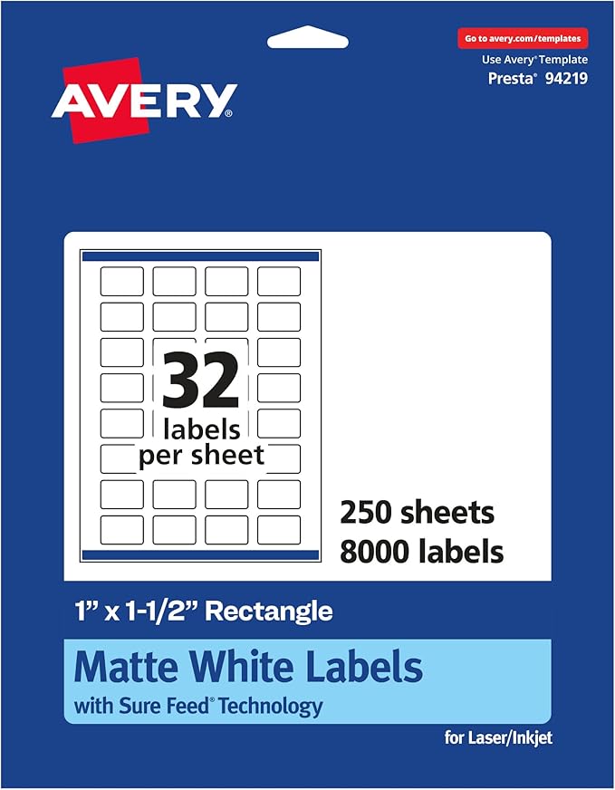 Avery® Matte White Rectangle Labels, Sure Feed® Technology, 1" x 1.5", 8,000 Matte White Printable Labels