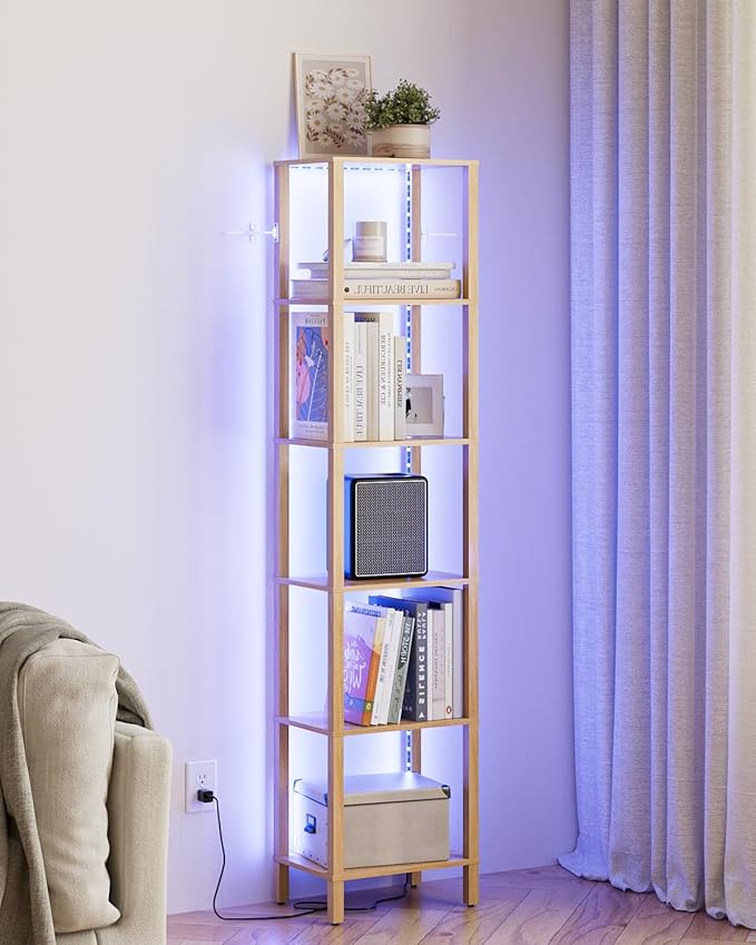 Open Book Shelf with LED Lights, 6 Tier Tall Bookshelf, Freestanding Shelf Narrow Bookcase with Open Shelves, 14.57" x 10.63" x 65.83", Book Shelves for Living Room, Office, Study, Oak