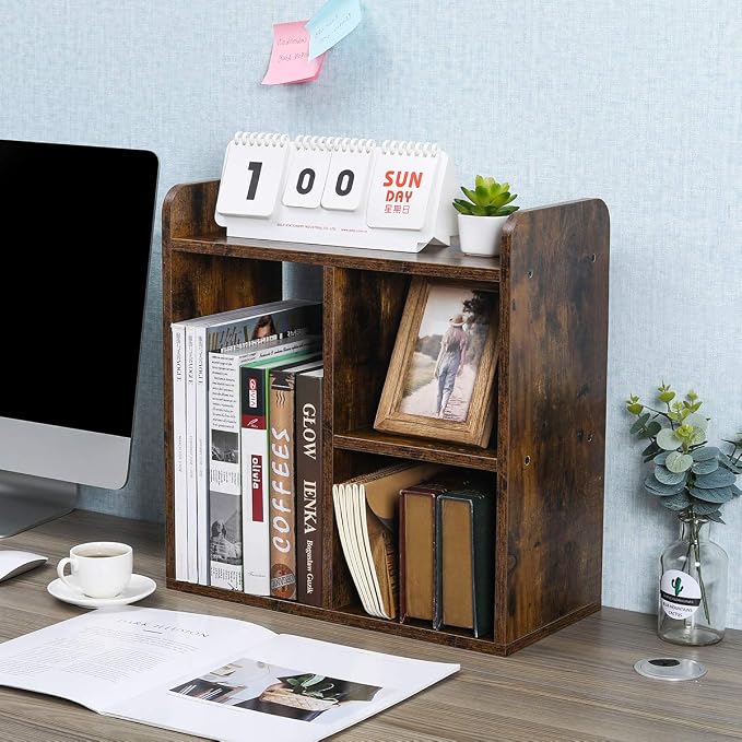 Desktop Shelf Freestanding Wood Small Bookshelf Desk Supplies Organizers and Accessories Storage Display Rack Office Decor for Women, Antique Brown