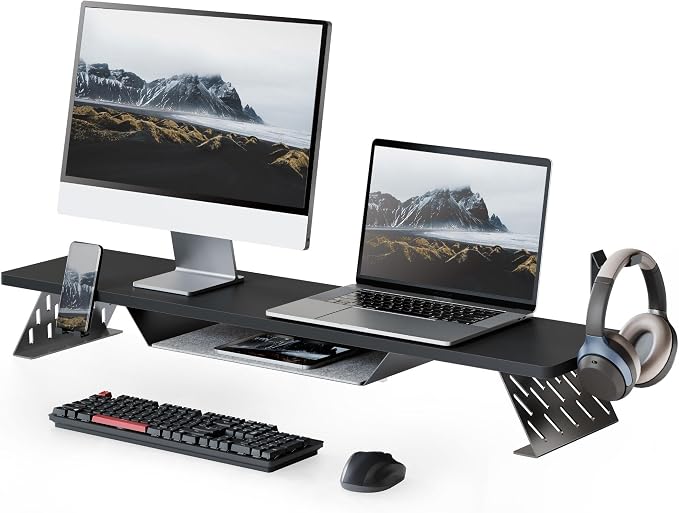 Fenge Dual Monitor Stand, Wooden Desk Shelf with Headphone & Phone Holder | 42.5" Monitor Riser with Storage Shelf, 2-Tier Monitor Shelf with Metal Leg for Home Office Organizer, Black