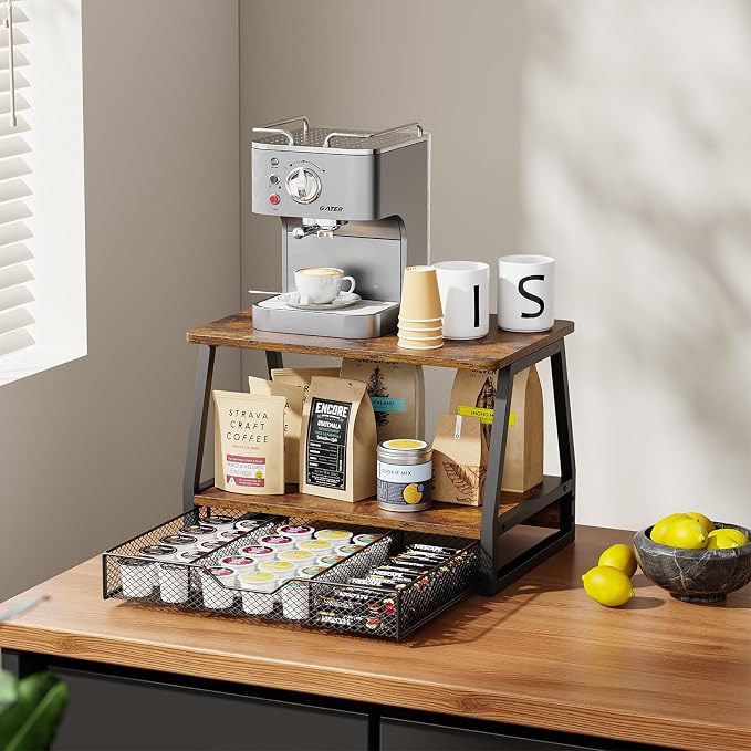 Printer Stand with Storage - Printer Table Office Organizer for Desk Top Organizing, 2-Tier File Holder, Paper Storage and Desktop Shelf for Computer Printer Stand with Drawers Rustic Brown