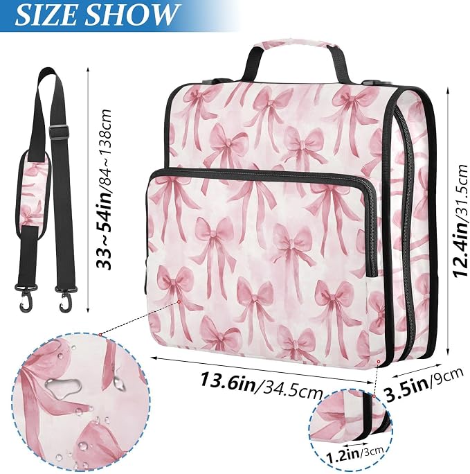 Watercolor Pink Bow Pattern Zipper Binder 3 Ring with Handle and Shoulder Strap, 500 Sheet Binder Organizer Capacity & Multi-Pockets for School Office