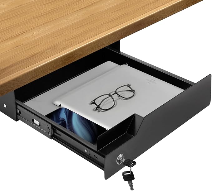 Under Desk Drawer Storage with Lock, Metal Undermount Table Drawer, Ball Bearing Slides Out Tray Organizer for Paper, Pencil, and Laptop 16"x11.8"x3.6", Black