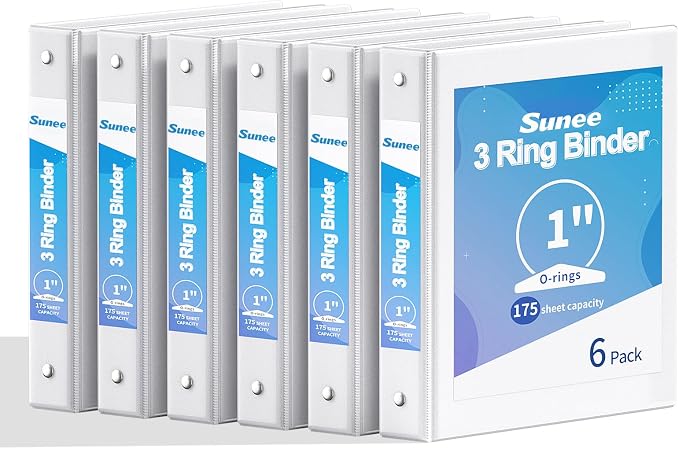 SUNEE 1 Inch Binders 3 Ring 6 Pack, Clear View Three Ring Binder PVC-Free (Fit 8.5x11 Inches) for School or Office Supplies, White