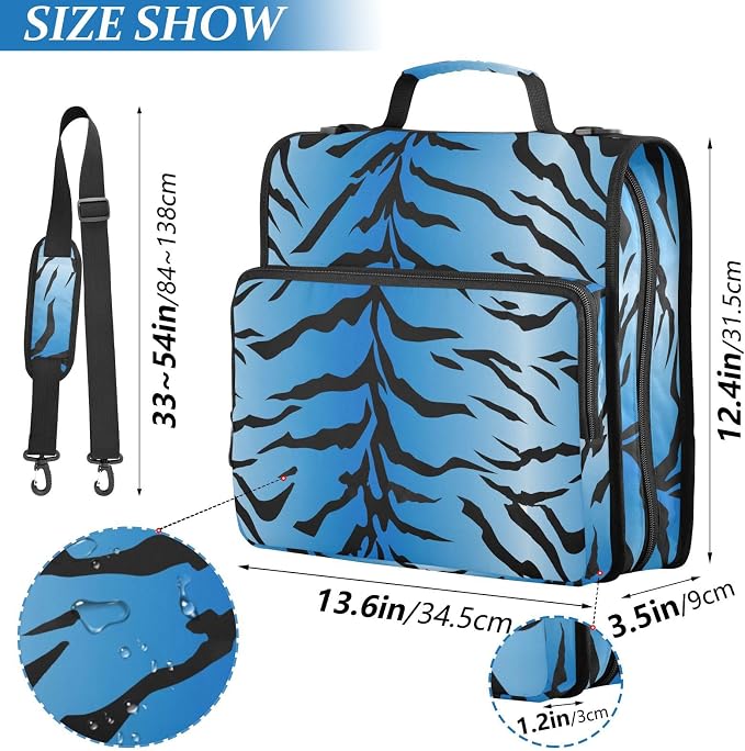 3 D-Ring Zipper Binder Bag, Blue Tiger Black Stripes Pattern Removable Binder with Zipper Case Hold 300+ Sheets& 13 Inch Laptop for School Office Supplies Organizer