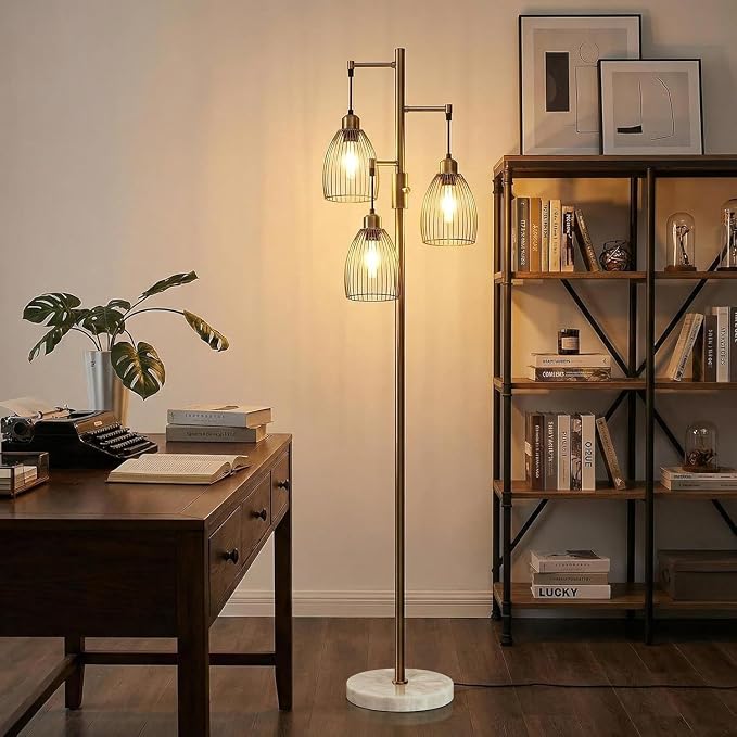 Torondo Dimmable Floor Lamps for Living Room, Industrial Standing Lamp with Marble Base, Antique Brass Tree Tall Pole Light with 3 Elegant Teardrop Cage Head & 800 Lumens LED Bulbs for Bedroom Office